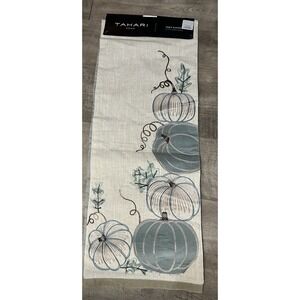NEW Tahari‎ Home Table Runner 14" x 72" Thanksgiving Beige Blue Knitted Pumpkins